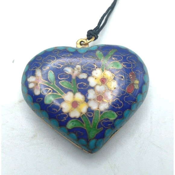 Antique Vintage Brass Enamel Cloisonne Heart Pendant Necklace 2" Statement 33.5g - Picture 4 of 10